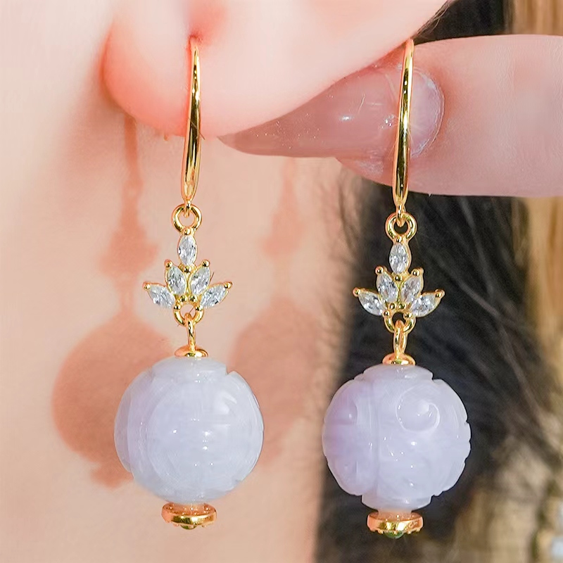 天然翡翠玉耳环银镶嵌时尚精致大气紫翡雕花圆珠耳钩