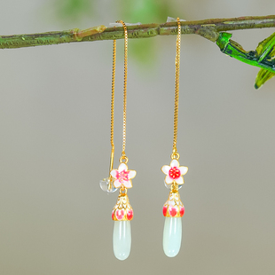 送老婆送爱人天然和田玉银镶嵌精美挑花珐琅工艺碧玉水滴耳线耳钉