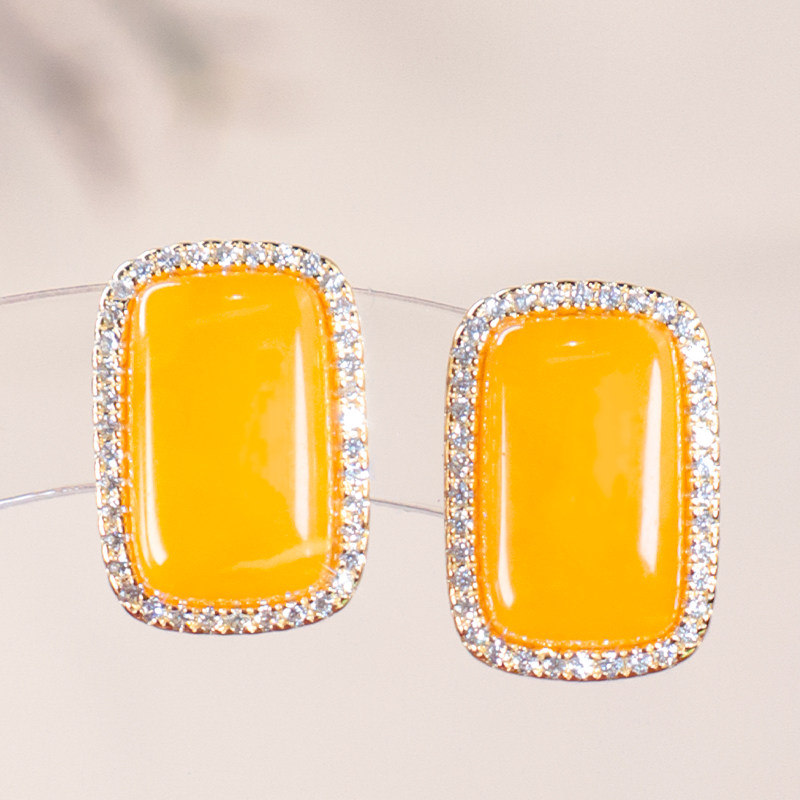 S925银镶嵌蜜蜡简约百搭蜜蜡方牌耳饰耳钉送妈妈送爱人