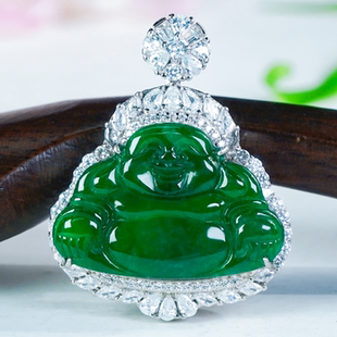 925银镶嵌天然翡翠佛公吊坠a货时尚满绿翡翠精致玉佛项链(小小号