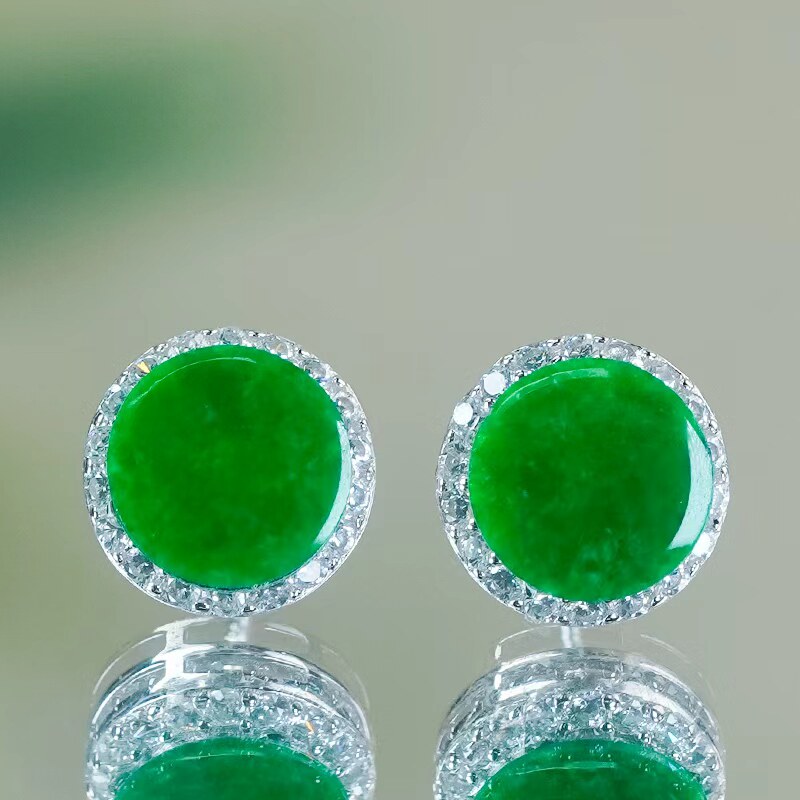 天然翡翠玉耳环A货银镶嵌精美时尚小巧满绿翡翠龙石圆牌耳钉