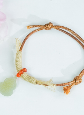 洛丽亚天然和田玉手工雕刻祥云葫芦手绳时尚古法女款