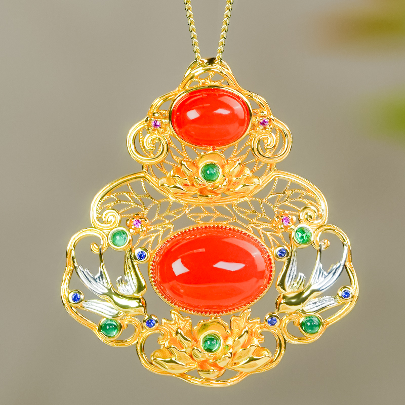 南红玛瑙工艺银镶嵌新中式国风