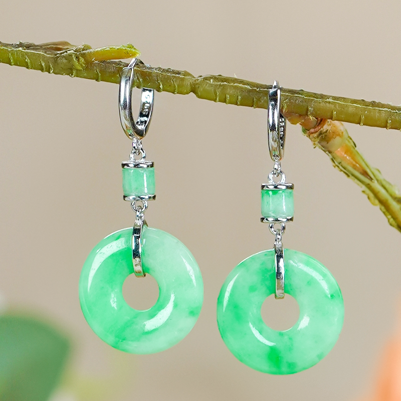 情人节礼物银镶天然缅料翡翠耳环A货阳绿翡翠子母甜甜圈耳扣耳包