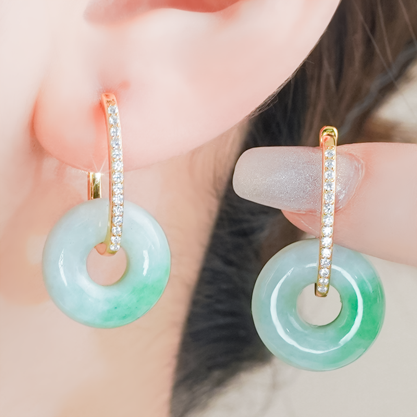 A货翡翠银镶飘花平安扣耳饰