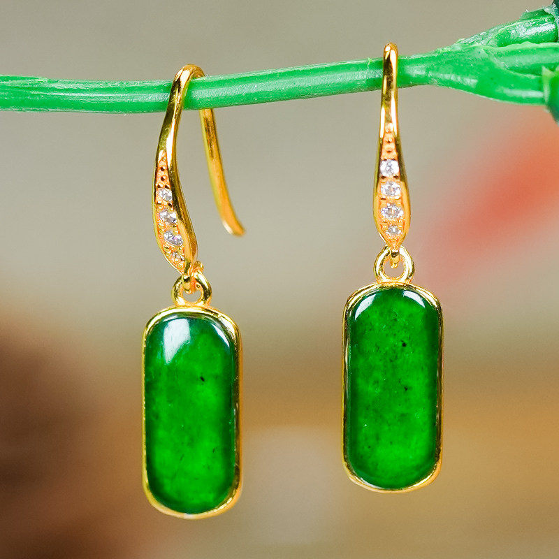 天然翡翠A货银镶嵌满辣绿龙石翡翠椭圆无事牌耳环耳坠耳钩款