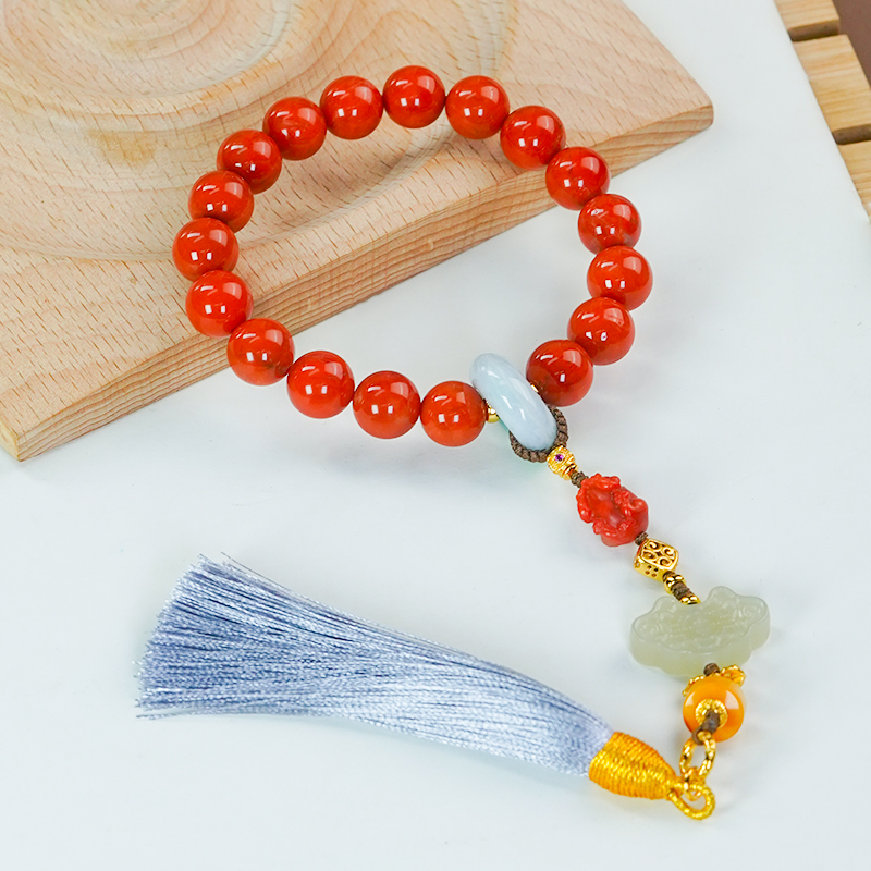 天然南红小米珠手链镶嵌大气雕刻平安扣如意锁圆珠多宝手串