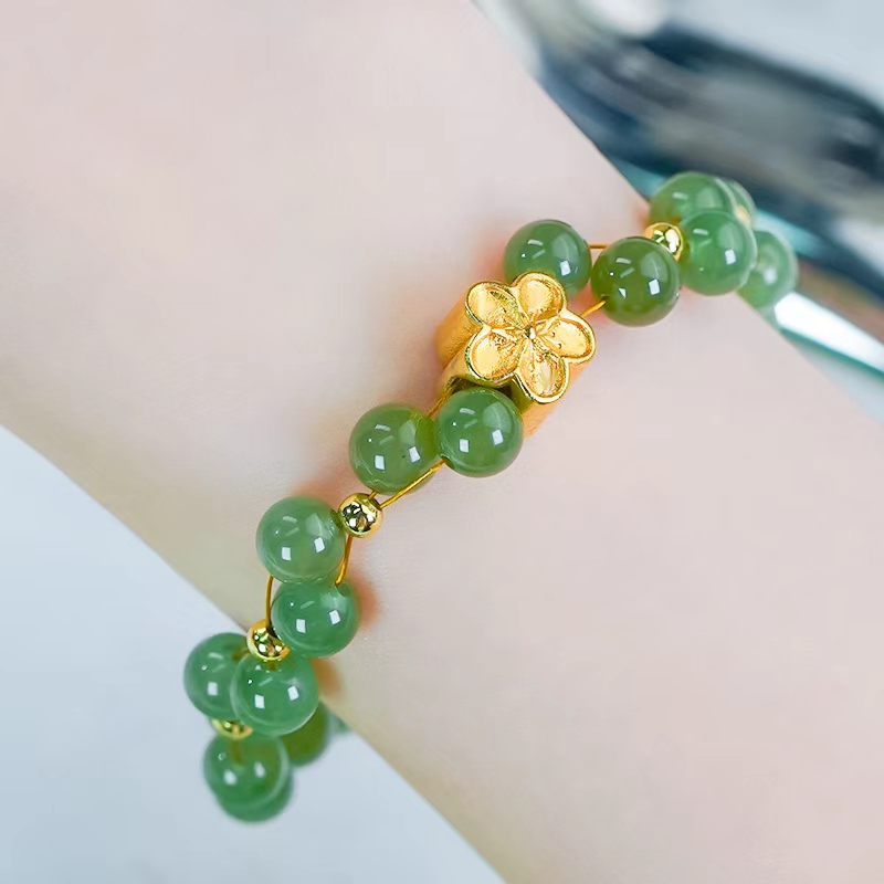 洛丽亚天然和田玉手串镶嵌碧玉圆珠桃花手链（磁铁扣头）