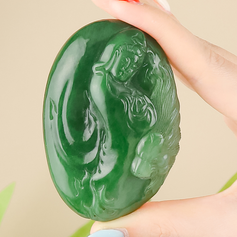 大气经典雕刻天然和田玉碧玉如意观音手把件摆件节日送礼