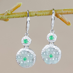 生日礼物一点绿天然翡翠A货冰润高冰翡翠银白色花朵耳环耳坠耳钩