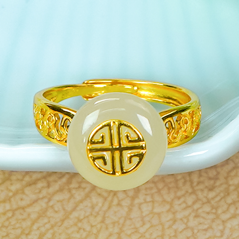 洛丽亚天然和田玉银镶嵌时尚镂空设计感福字白玉平安扣戒指