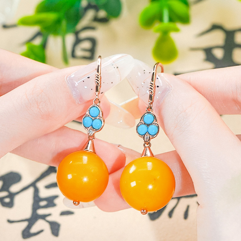 天然蜜蜡银镶嵌新中式宫廷风蜜蜡单珠圆珠耳环耳坠耳钩（大号）