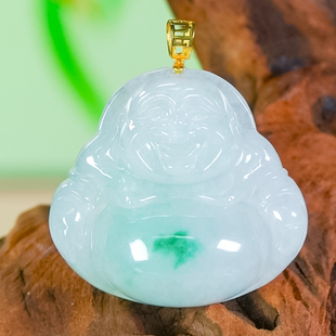 18k金镶嵌天然翡翠佛公吊坠A货精致雕刻冰飘花翡翠玉佛玉坠（大号