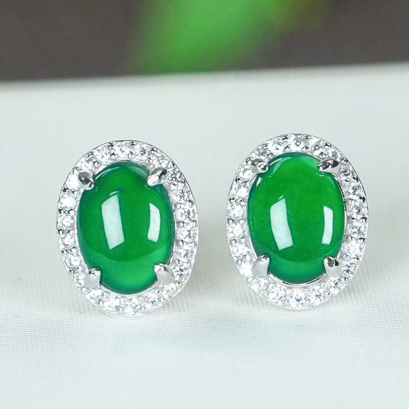 翡翠耳钉天然翡翠A货银镶嵌冰透豪镶精致气质百搭冰辣绿蛋面耳钉