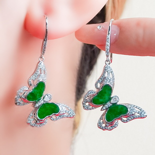 天然翡翠A货银镶嵌精致轻奢大气镂空满绿蝴蝶耳环耳钩