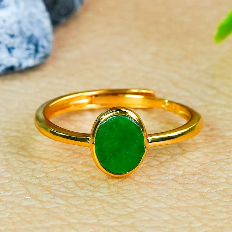 天然翡翠戒指A货银镶嵌时尚简约高级感玉石满绿翡翠椭圆牌活口戒