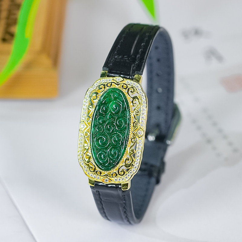 天然翡翠A货辣绿色银镶时尚镂空设计椭圆龙纹雕花手牌手镯手表款