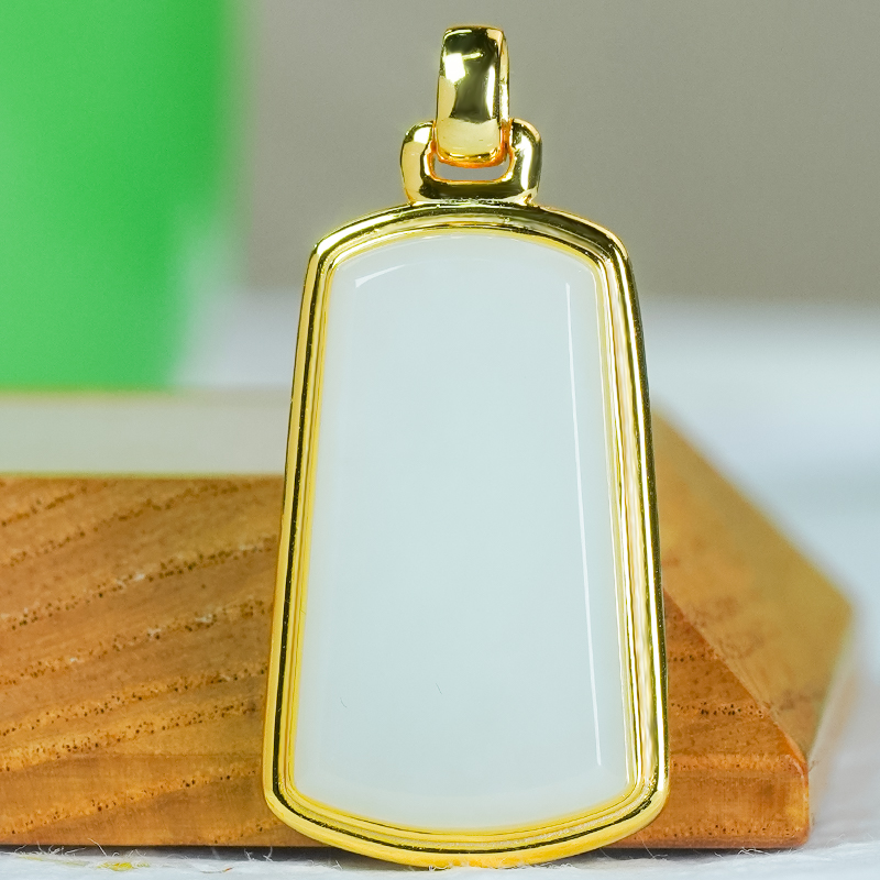 七夕送礼物天然和田玉坠银镶白玉气质简约油润细腻梯形无事牌吊坠