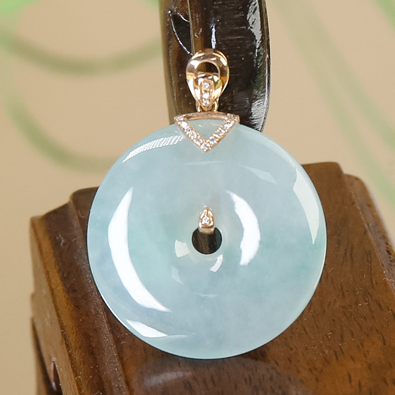 18K金天然翡翠A货时尚百搭冰种翡翠A货平安扣吊坠送妈妈送爱人