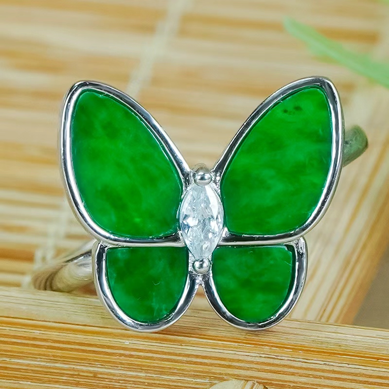 天然翡翠戒指A货银镶嵌精致百搭款满绿翡翠玉蝴蝶活口戒