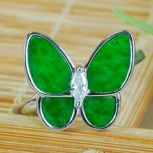 天然翡翠戒指A货银镶嵌精致百搭款 满绿翡翠玉蝴蝶活口戒