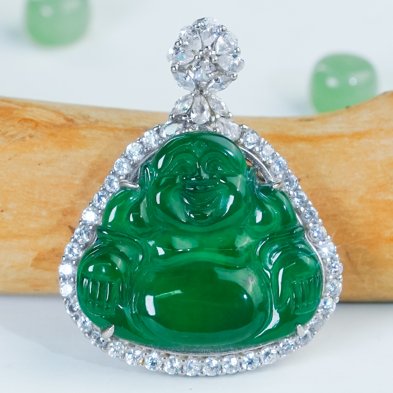 满绿翡翠佛吊坠银镶嵌天然翡翠A货冰辣绿雕刻弥勒佛玉坠