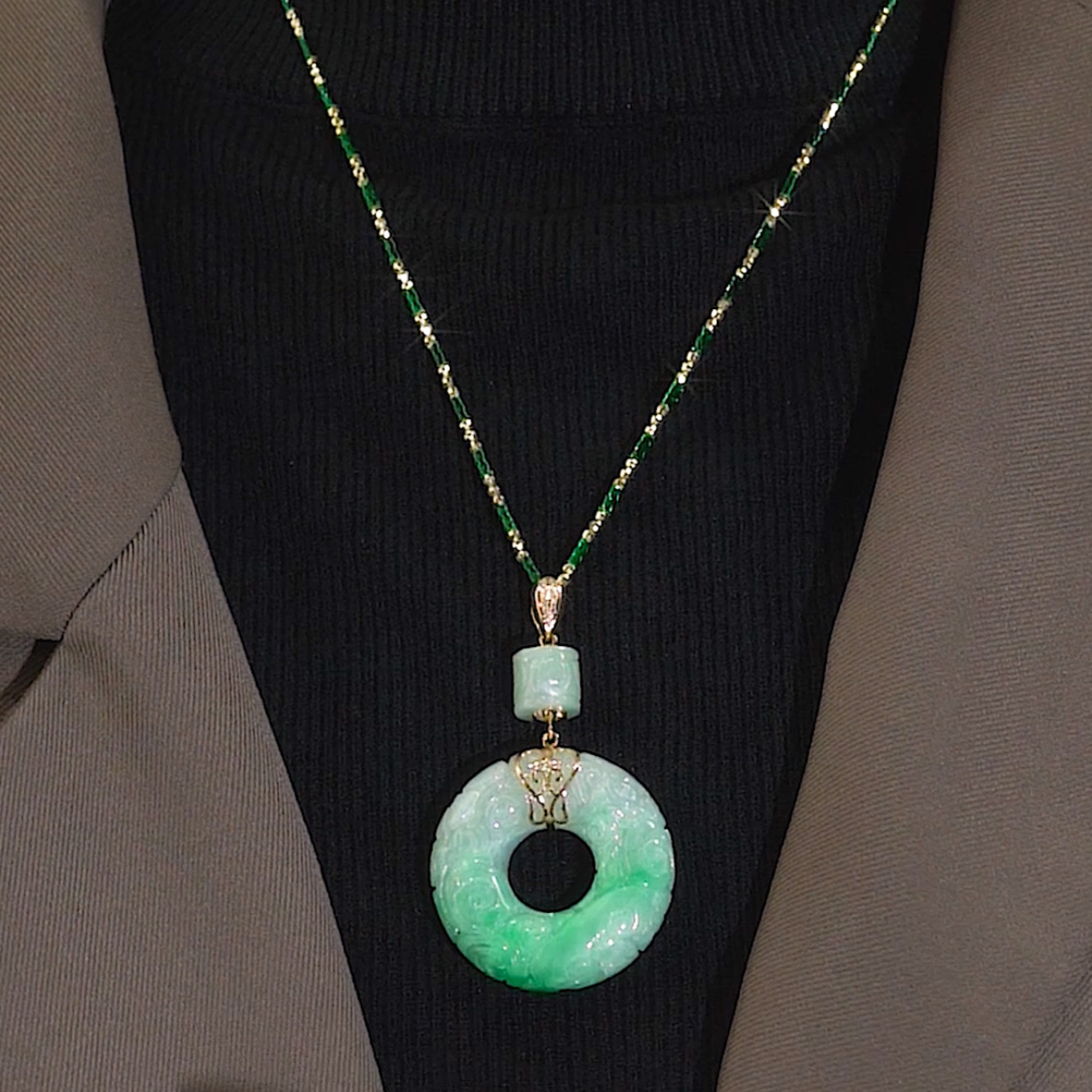 阳绿翡翠18k金镶龙纹子母圆吊坠平安扣子母扣公主扣玉坠女送老婆