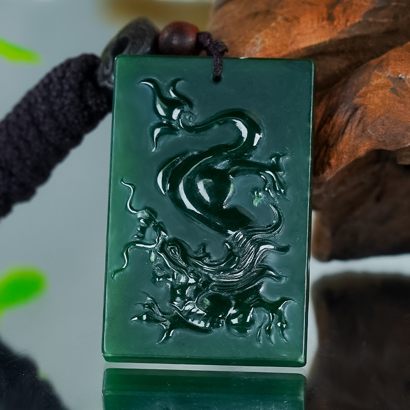 天然和田玉未镶嵌手工雕刻龙元素碧玉厚装无事牌项链