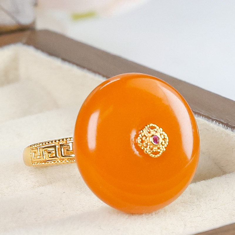 七夕情人节礼物天然蜜蜡大气百搭满蜜满蜡银镶嵌圆环戒指(开口戒)