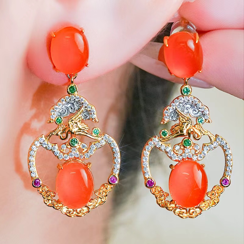 天然南红玉耳环银镶嵌精致大气蛋面耳钉平安如意设计