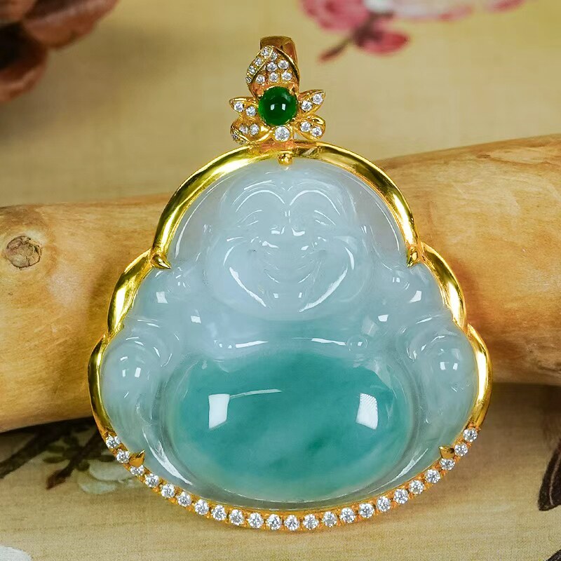 七夕送礼送老婆K金镶玉天然翡翠A货精美百搭飘阳绿佛公玉坠吊坠