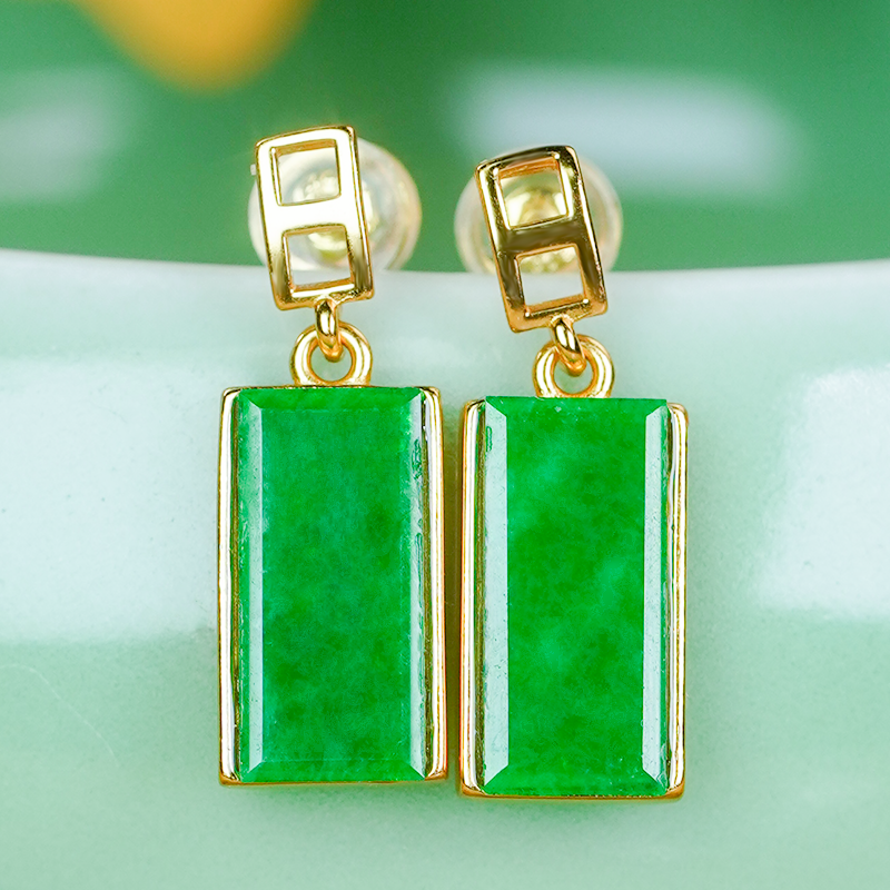 礼物耳钉简约翡翠冰阳绿银镶嵌