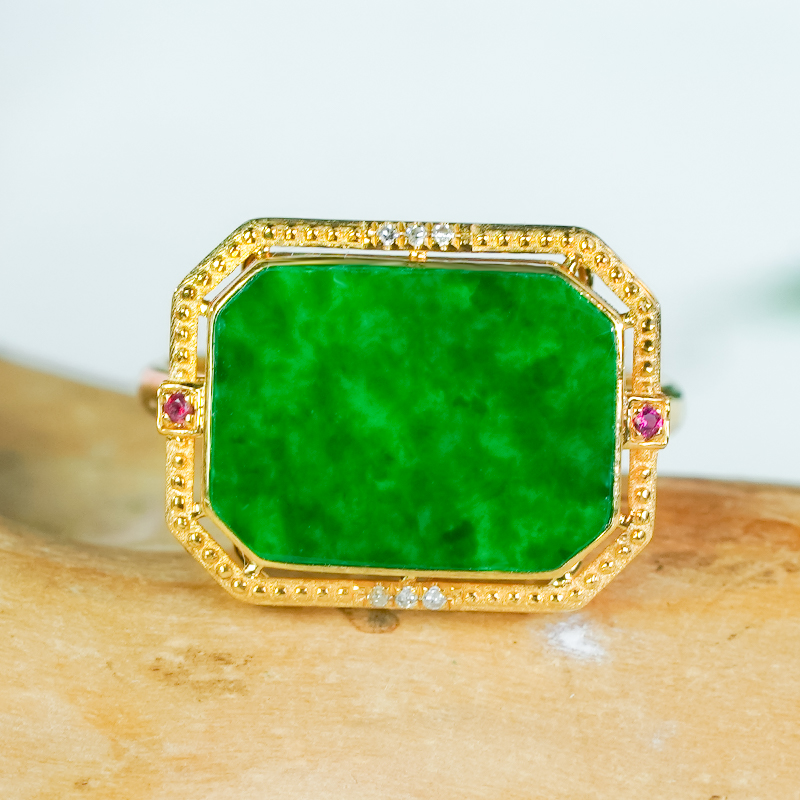 18K金镶A货翡翠无事牌戒指