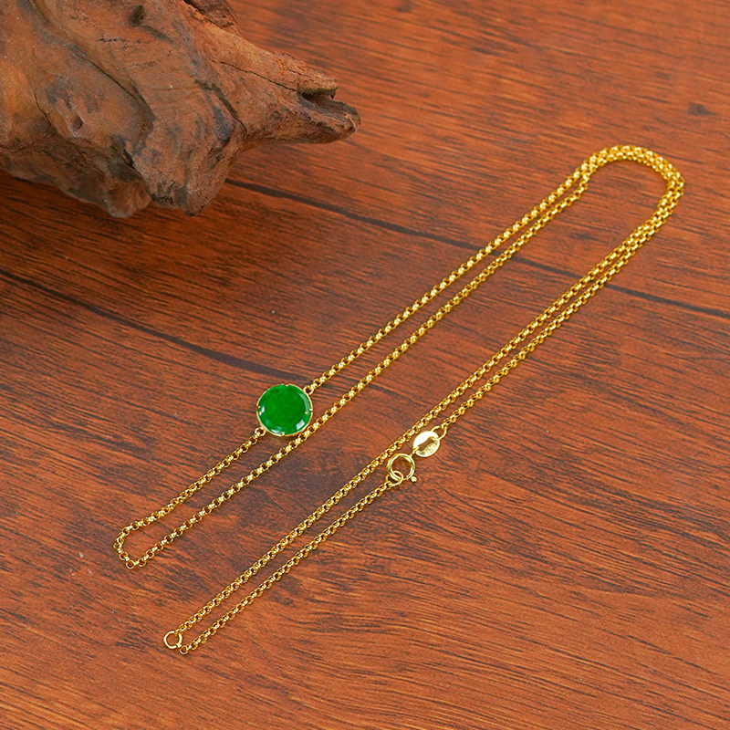 18k金镶嵌天然翡翠A货满绿龙石简约大气圆牌翡翠吊坠