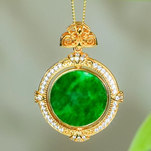 时来运转-天然翡翠饰品A货银镶嵌花朵扣头精致辣阳绿圆牌吊坠