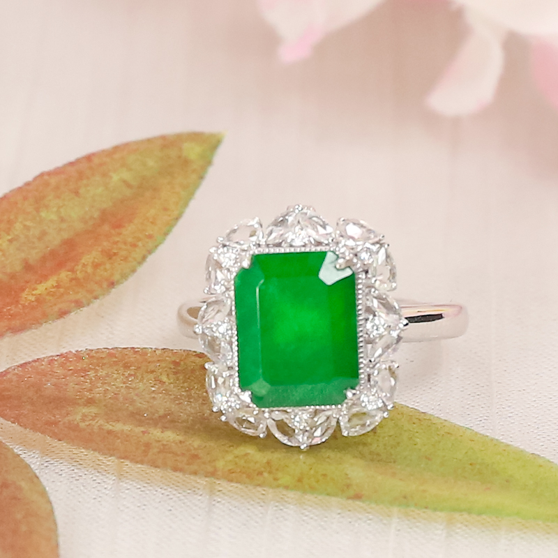 18K金时尚大气豪镶满绿龙石种翡翠A货玉石戒指（两用款可做吊坠）