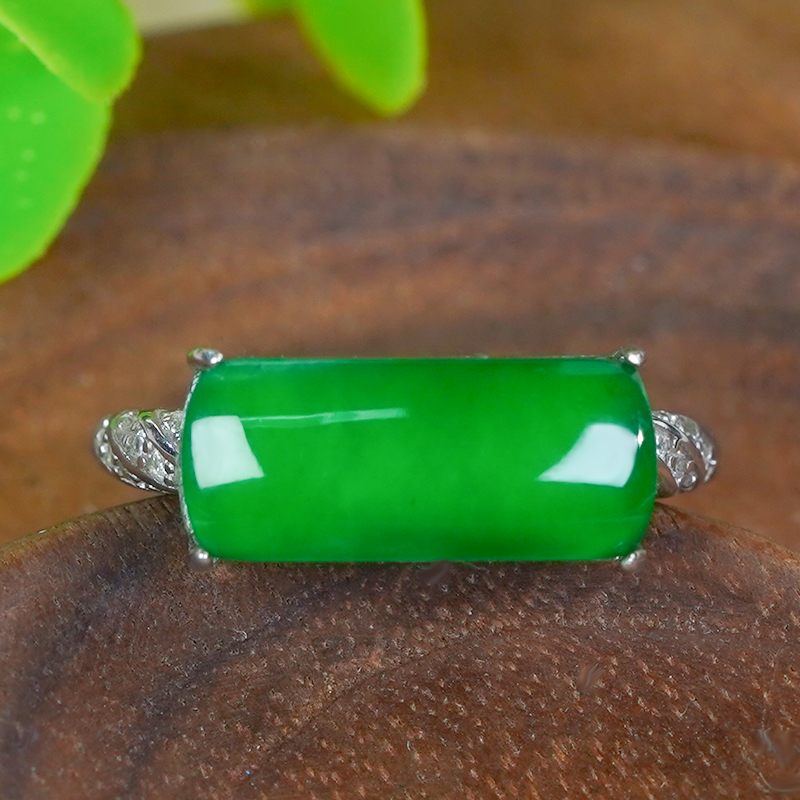 天然翡翠饰品A货银镶嵌时尚简约中式配饰冰润冰辣绿无事牌戒指