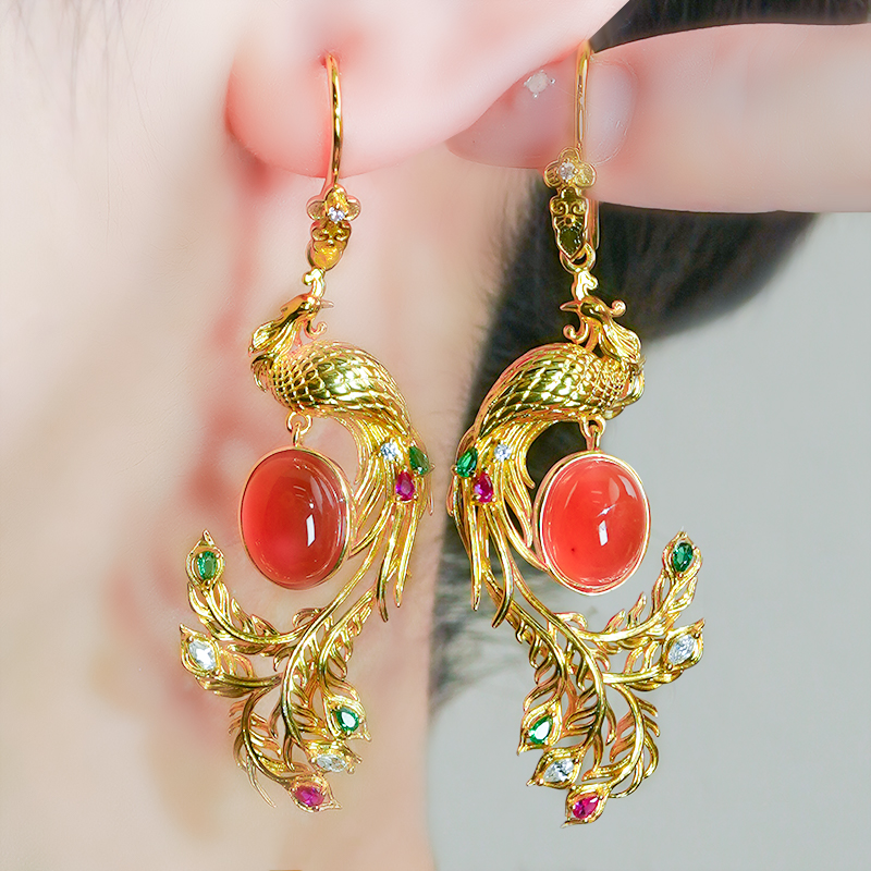 天然玛瑙凤凰耳环蛋面耳钩耳坠