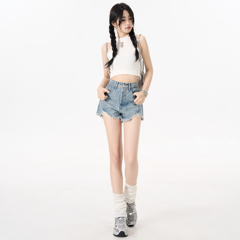 美式高腰牛仔短裤女显瘦小个子毛边A字热裤宽松阔腿裤女怀旧蓝
