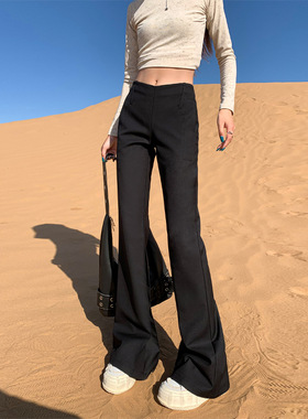 XK91款黑色气质褶皱低腰复古修身显瘦西装直筒微喇叭裤女氨纶