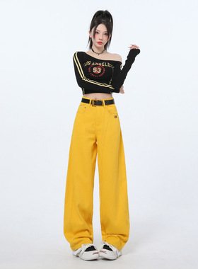 2025新款牛仔裤女高腰宽松直筒阔腿弯刀裤黄色长裤（没有配皮带）