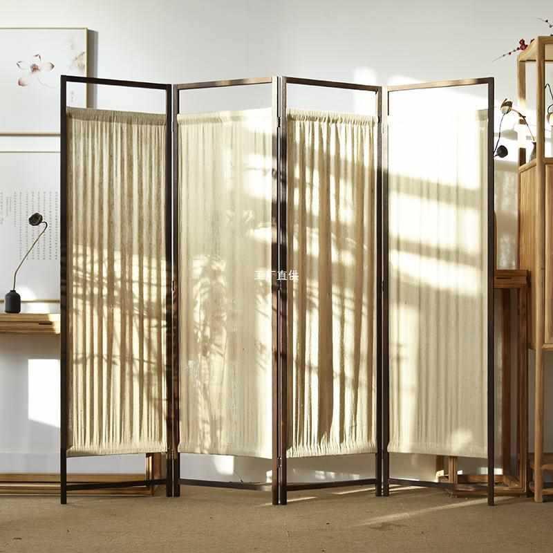 中式实木麻布屏风入户隔断复古风怀旧折屏酒店餐厅茶室茶楼玄关