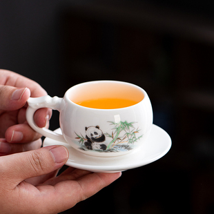 带把泡茶主人杯茶具羊脂玉陶瓷防烫杯垫大号茶杯个人专用品茶杯盏