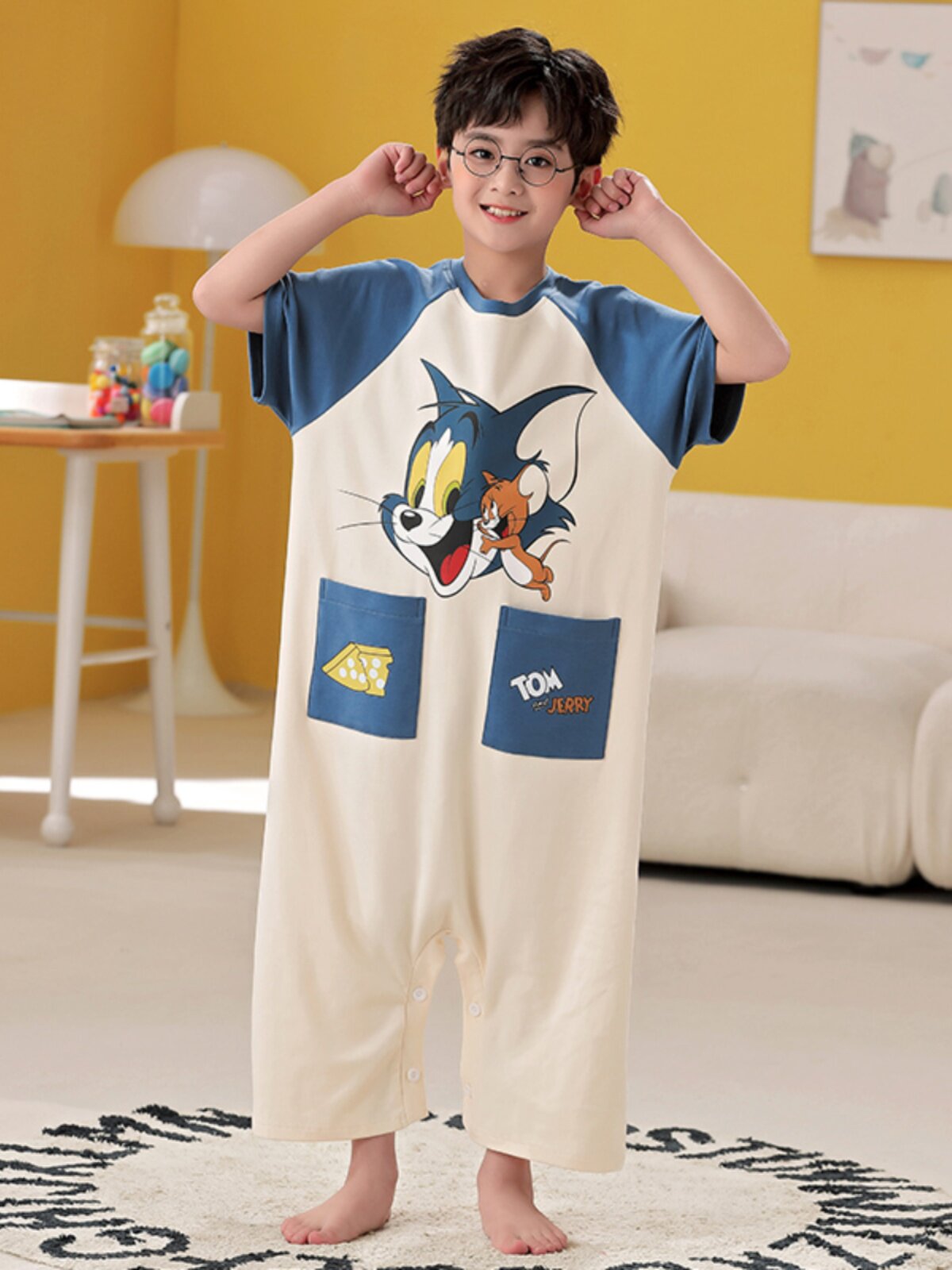 2024 NEW BOYS PAJAMAS ONE-PIECE COTTON SHORT SLEEVES SPRING AND SUMMER THIN CHILDRENS ANTI-COLD LOUNGEWEAR BABY BOY