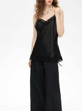 SUREENOUGH法式纯欲性感绝美背心黑色蕾丝拼接吊带上衣女