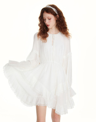 【徐梦洁同款正版】SUREENOUGH法式少女感收腰拼接不规则连衣裙女