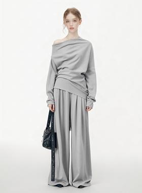 SURE ENOUGH春季新品松弛感廓形慵懒休闲宽松斜肩上衣+裤子套装女