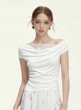 SUREENOUGH纯欲风蕾丝拼接斜肩露肩白色短袖T恤女上衣夏季