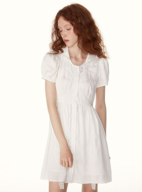 SURE ENOUGH 白色纯色泡泡袖娃娃领少女感收腰显瘦高腰连衣裙女