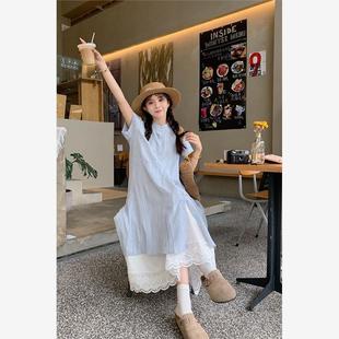 2024新款 藍色條紋短袖 襯衫 連衣裙女夏季 疊穿兩件套 韓系寬松中長款